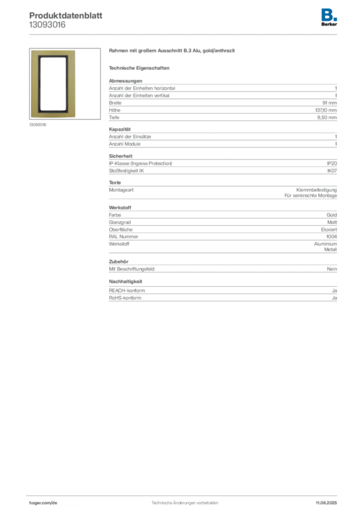 Bild Berker Produktdatenblatt 13093016 | Hager Deutschland