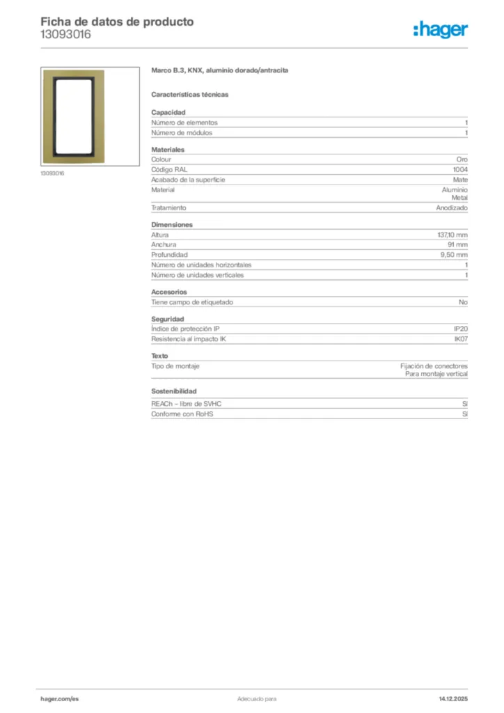 Imagen Hager Ficha de datos de producto 13093016 | Hager España