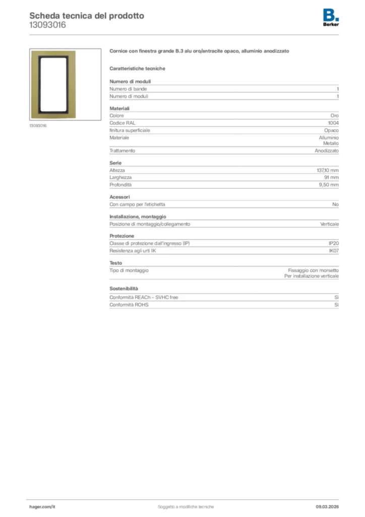 Immagine Berker Scheda tecnica del prodotto 13093016 | Hager Italia