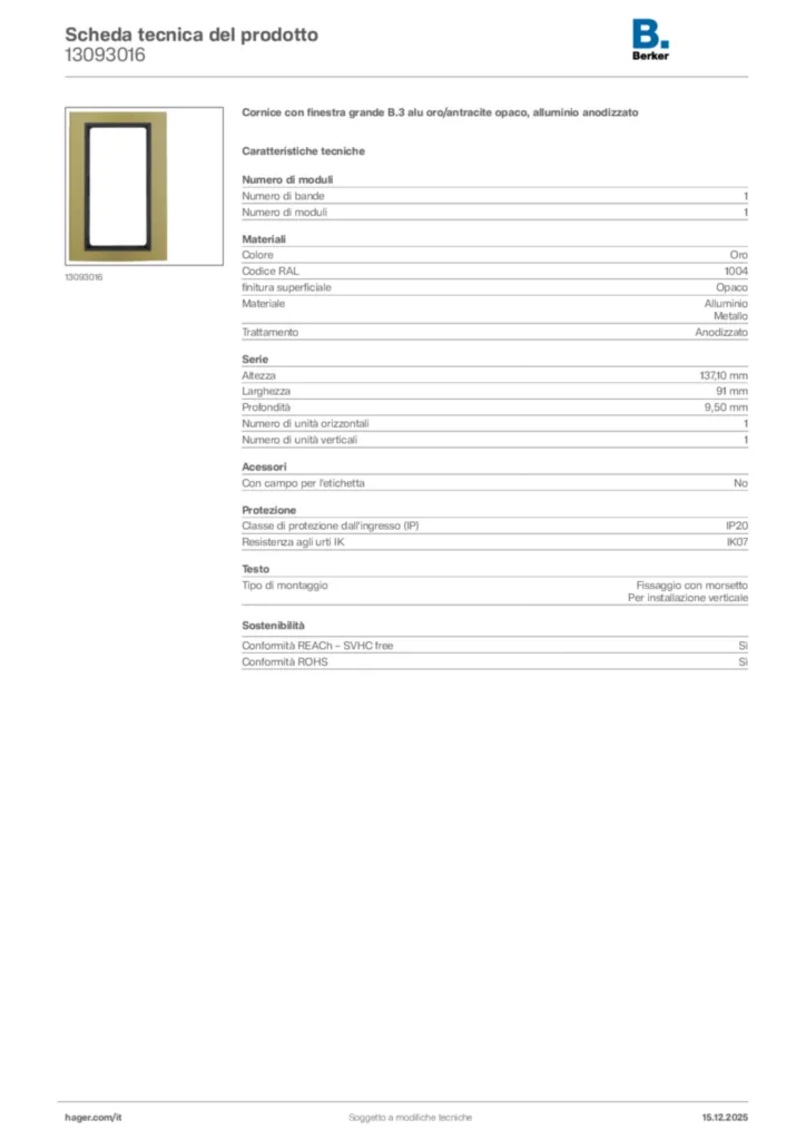 Immagine Berker Scheda tecnica del prodotto 13093016 | Hager Italia