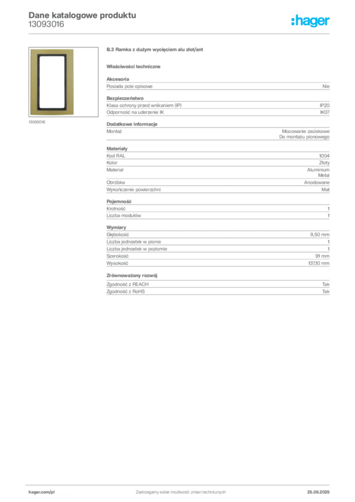 Zdjęcie Hager Karta katalogowa 13093016 | Hager Polska