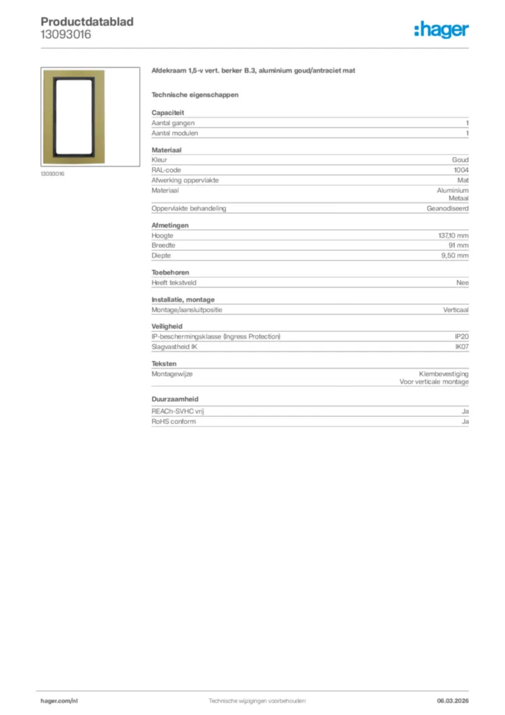 Afbeelding Hager Productdatablad 13093016 | Hager Nederland