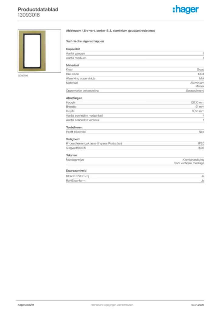 Afbeelding Hager Productdatablad 13093016 | Hager Nederland