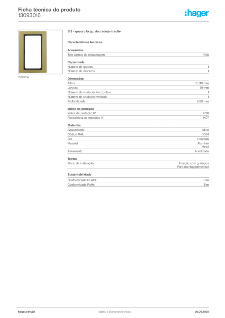 Imagem Hager Ficha técnica do produto 13093016 | Hager Portugal