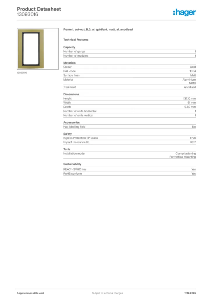 Image Hager Product data sheet 13093016  | Hager