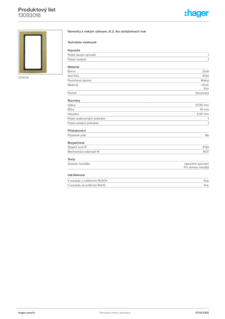 Obrázek Hager Produktový list 13093016 | Hager