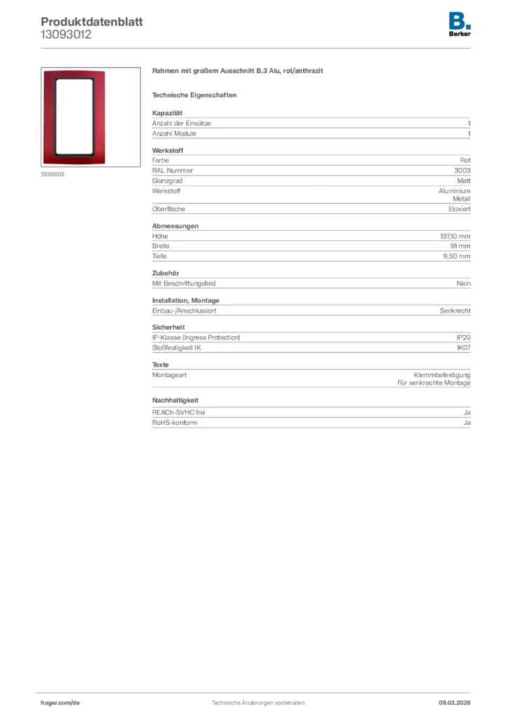 Bild Berker Produktdatenblatt 13093012 | Hager Deutschland