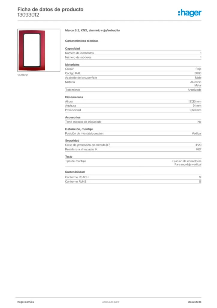 Imagen Hager Ficha de datos de producto 13093012 | Hager España