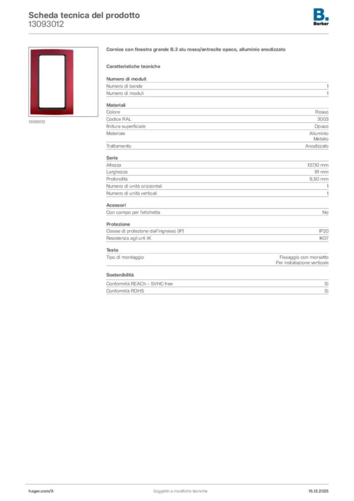 Immagine Berker Scheda tecnica del prodotto 13093012 | Hager Italia