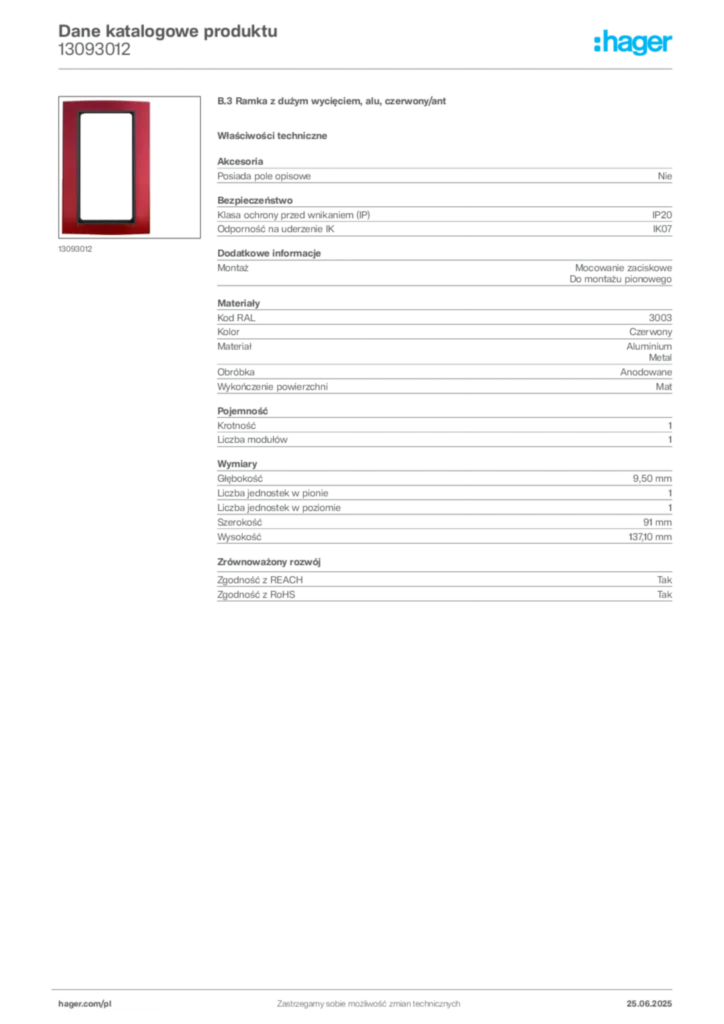 Zdjęcie Hager Karta katalogowa 13093012 | Hager Polska