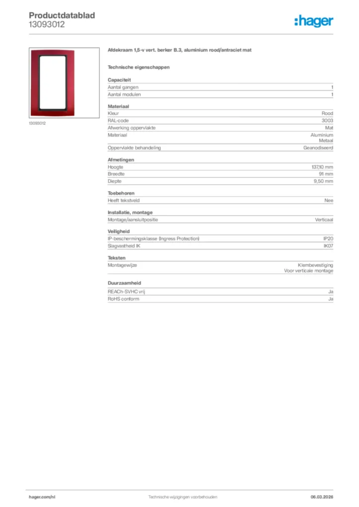 Afbeelding Hager Productdatablad 13093012 | Hager Nederland