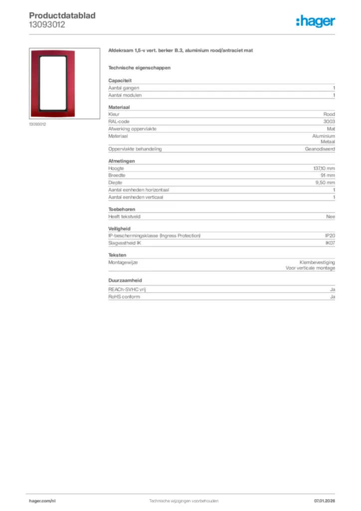 Afbeelding Hager Productdatablad 13093012 | Hager Nederland