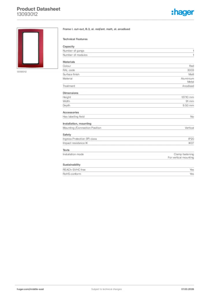 Image Hager Product data sheet 13093012  | Hager
