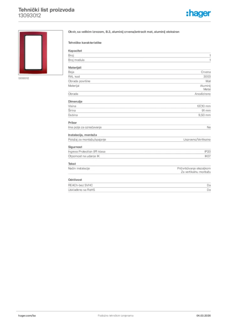 Slika Hager Tehnički list proizvoda 13093012  | Hager