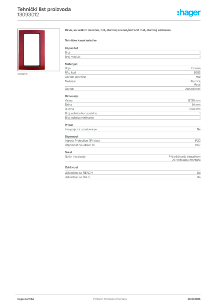 Slika Hager Product data sheet 13093012  | Hager