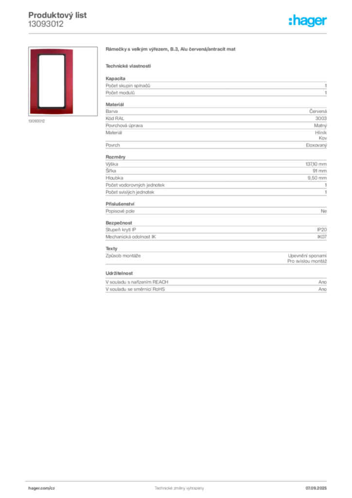 Obrázek Hager Produktový list 13093012 | Hager