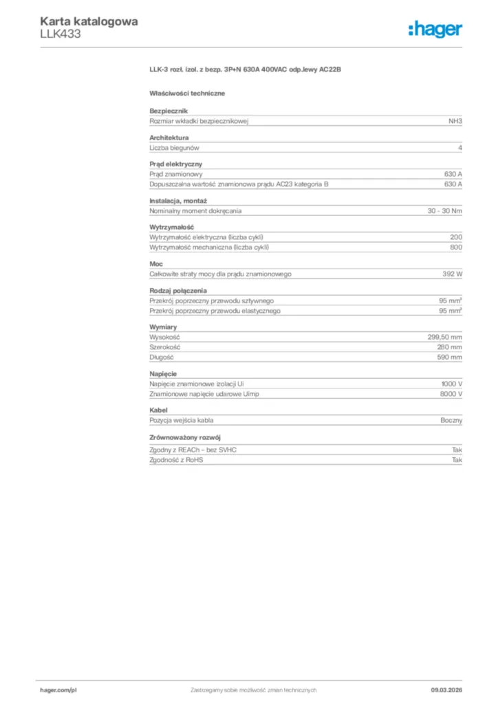 Zdjęcie Hager Karta katalogowa LLK433 | Hager Polska
