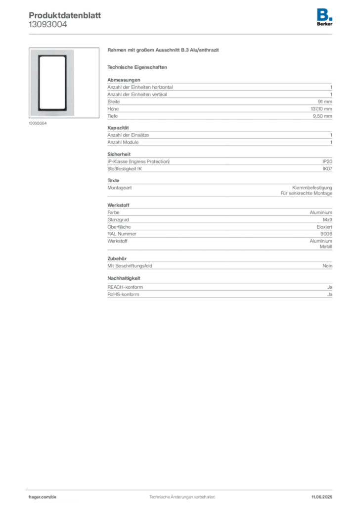 Bild Berker Produktdatenblatt 13093004 | Hager Deutschland