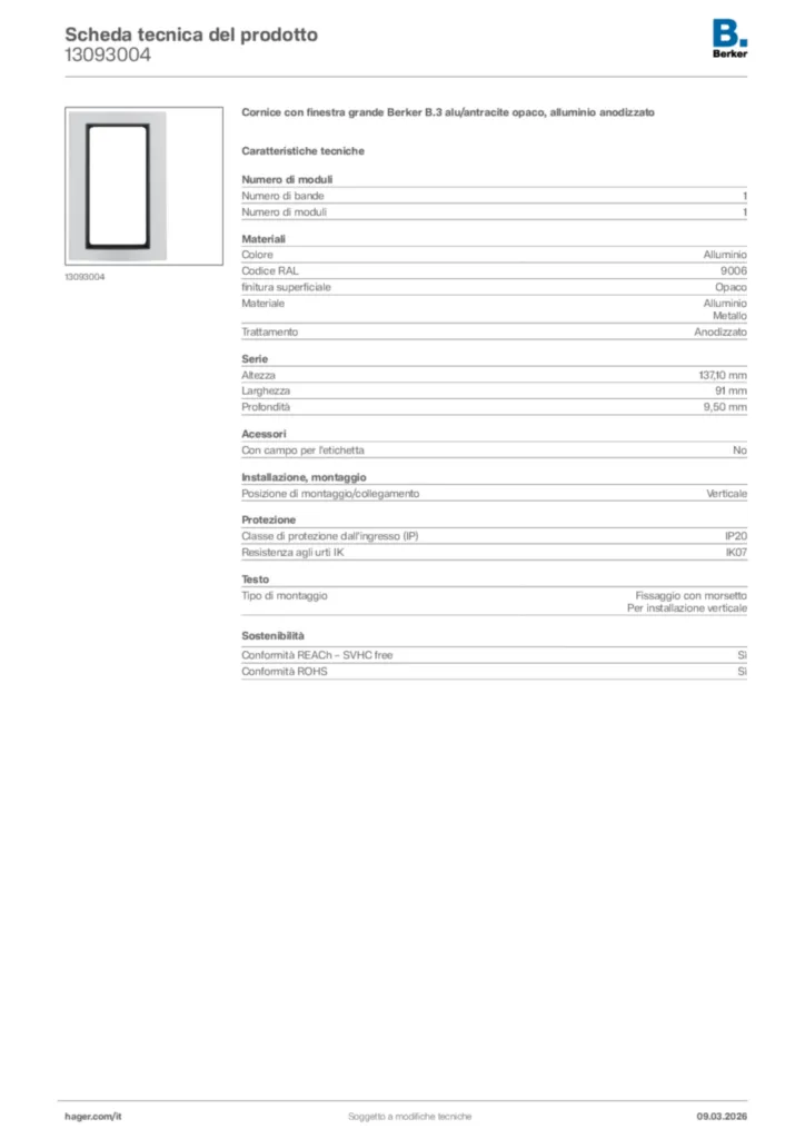 Immagine Berker Scheda tecnica del prodotto 13093004 | Hager Italia