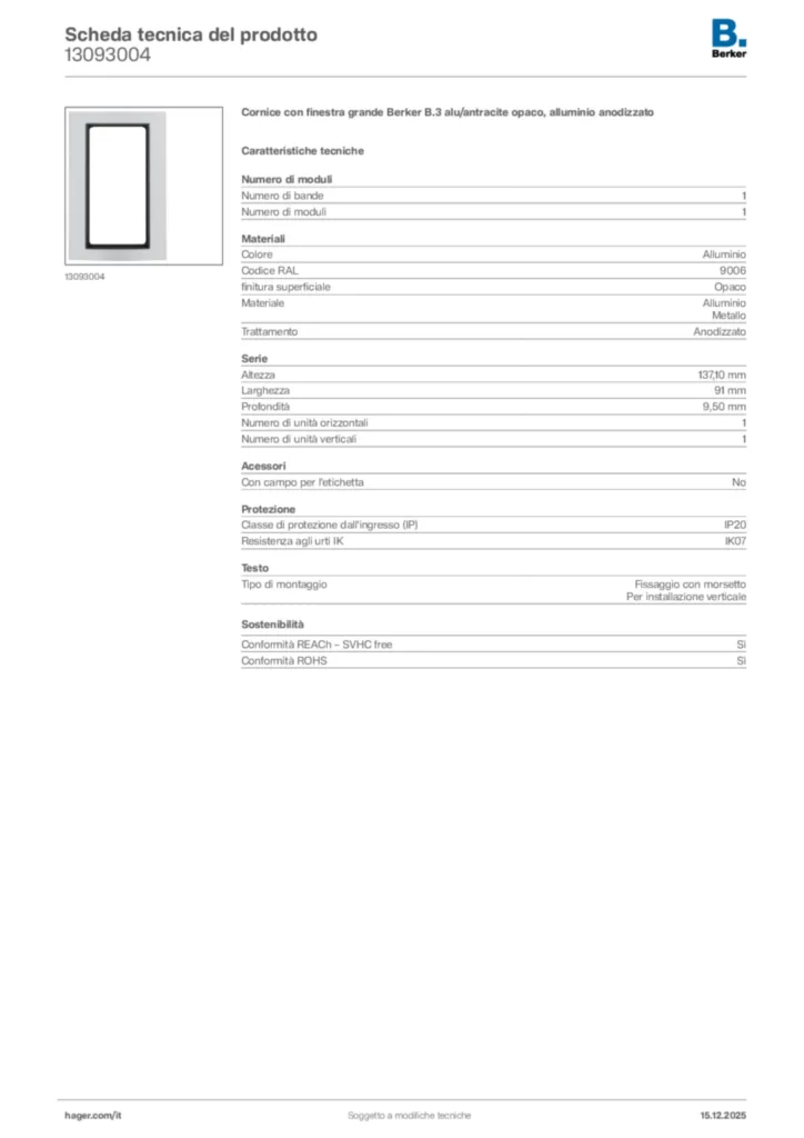 Immagine Berker Scheda tecnica del prodotto 13093004 | Hager Italia