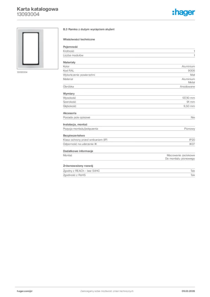 Zdjęcie Hager Karta katalogowa 13093004 | Hager Polska