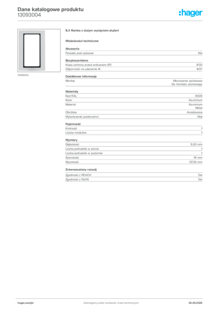 Zdjęcie Hager Karta katalogowa 13093004 | Hager Polska