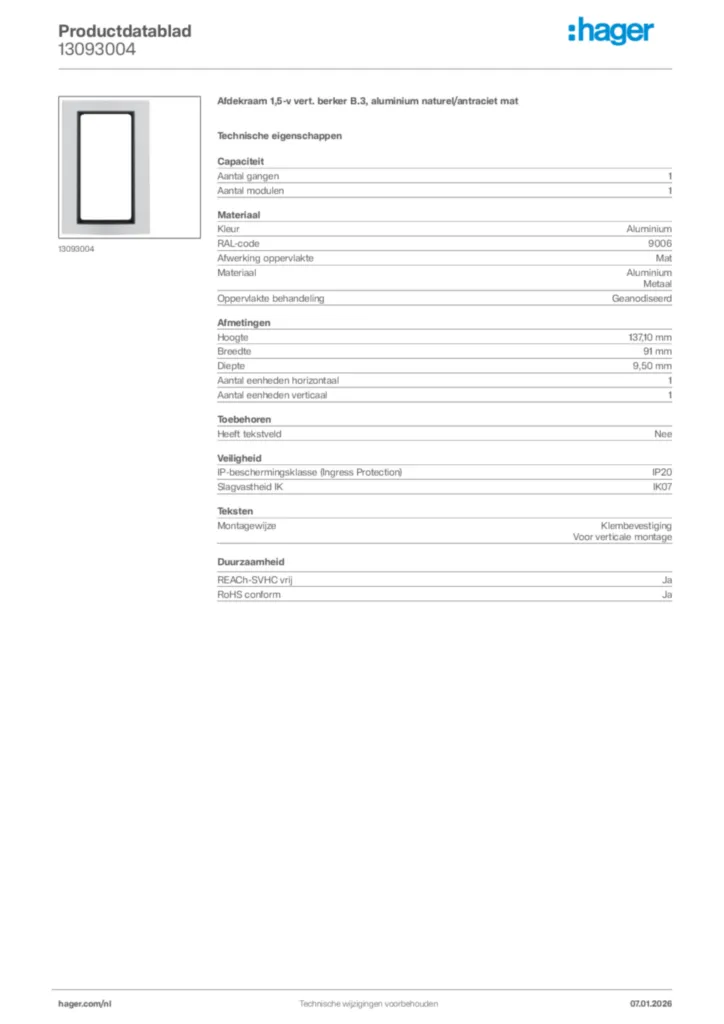 Afbeelding Hager Productdatablad 13093004 | Hager Nederland