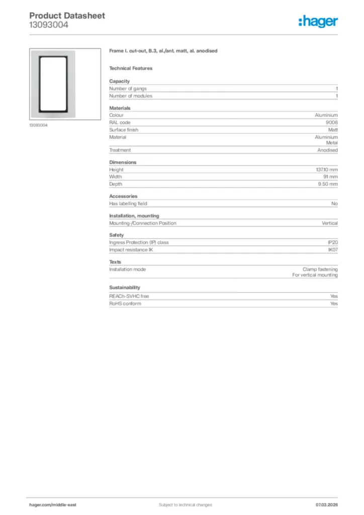 Image Hager Product data sheet 13093004  | Hager