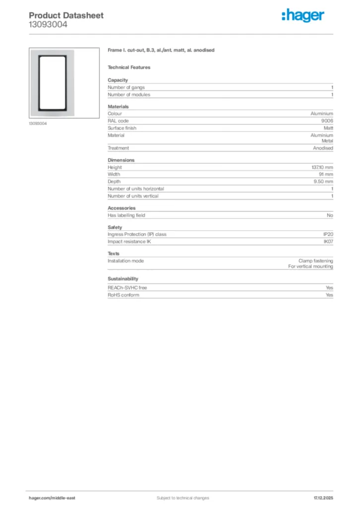 Image Hager Product data sheet 13093004  | Hager