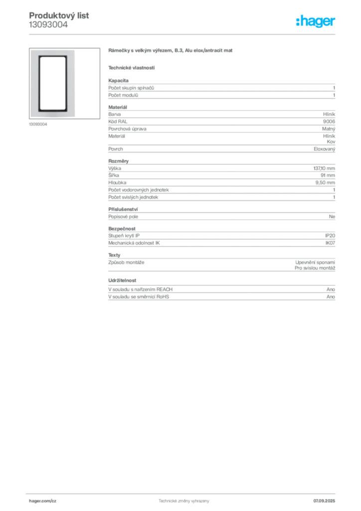 Obrázek Hager Produktový list 13093004 | Hager