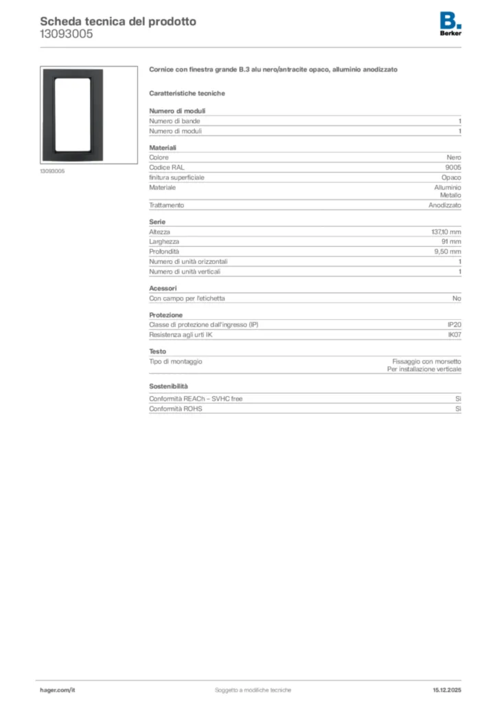 Immagine Berker Scheda tecnica del prodotto 13093005 | Hager Italia