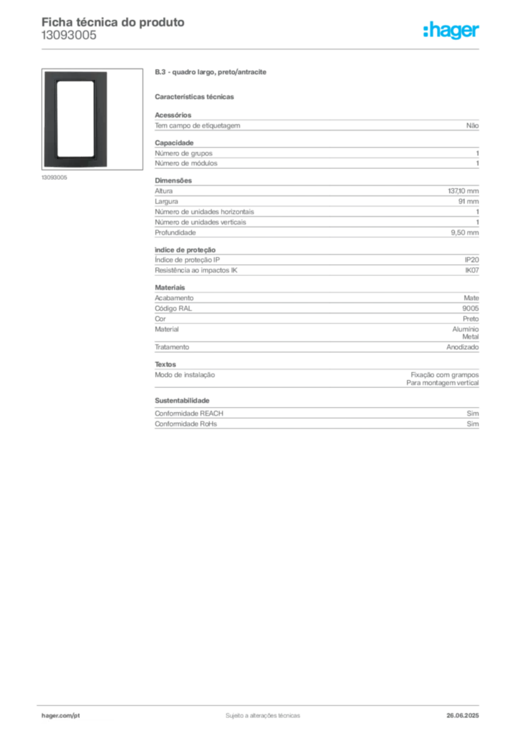 Imagem Hager Ficha técnica do produto 13093005 | Hager Portugal