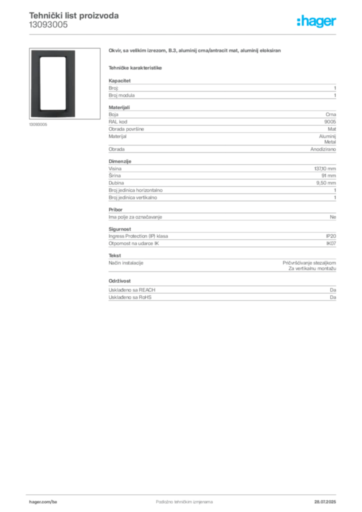 Slika Hager Product data sheet 13093005  | Hager