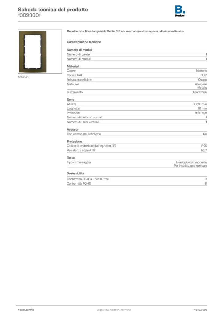 Immagine Berker Scheda tecnica del prodotto 13093001 | Hager Italia