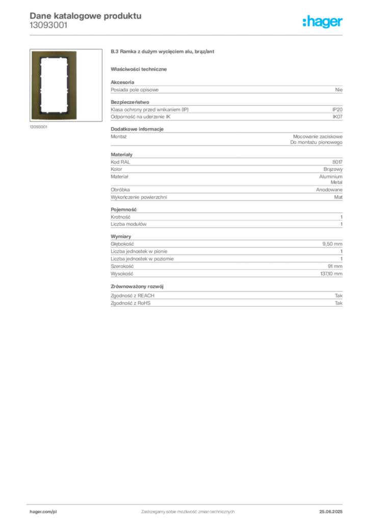 Zdjęcie Hager Karta katalogowa 13093001 | Hager Polska