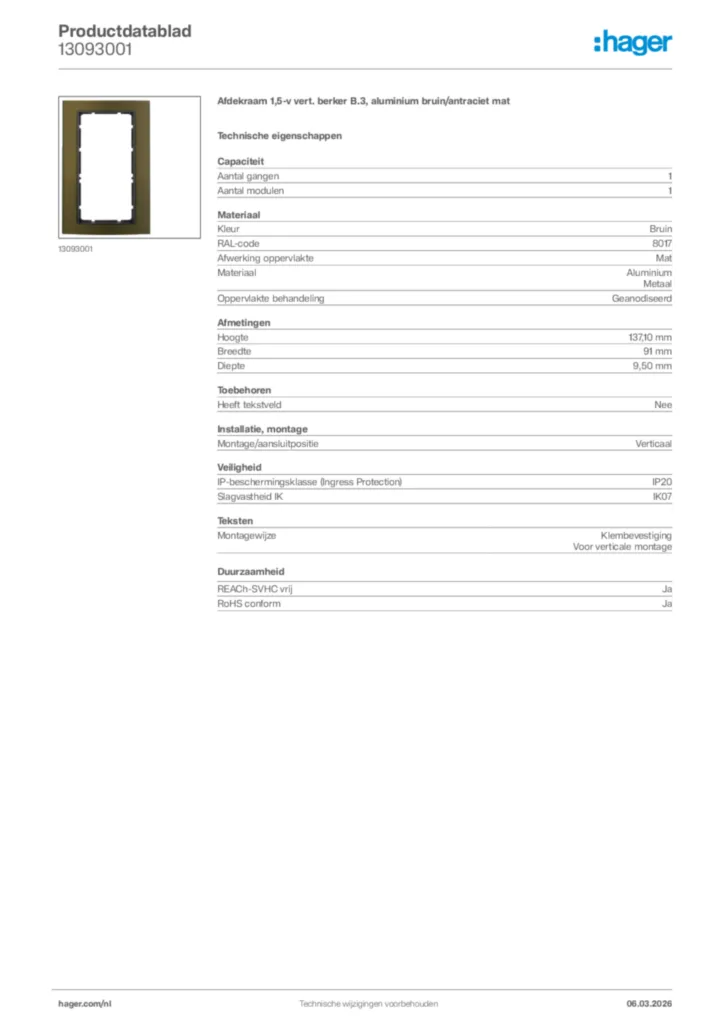 Afbeelding Hager Productdatablad 13093001 | Hager Nederland