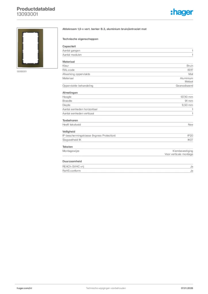 Afbeelding Hager Productdatablad 13093001 | Hager Nederland