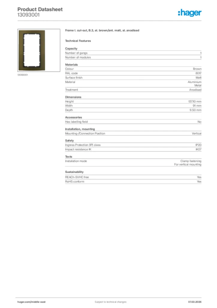 Image Hager Product data sheet 13093001  | Hager