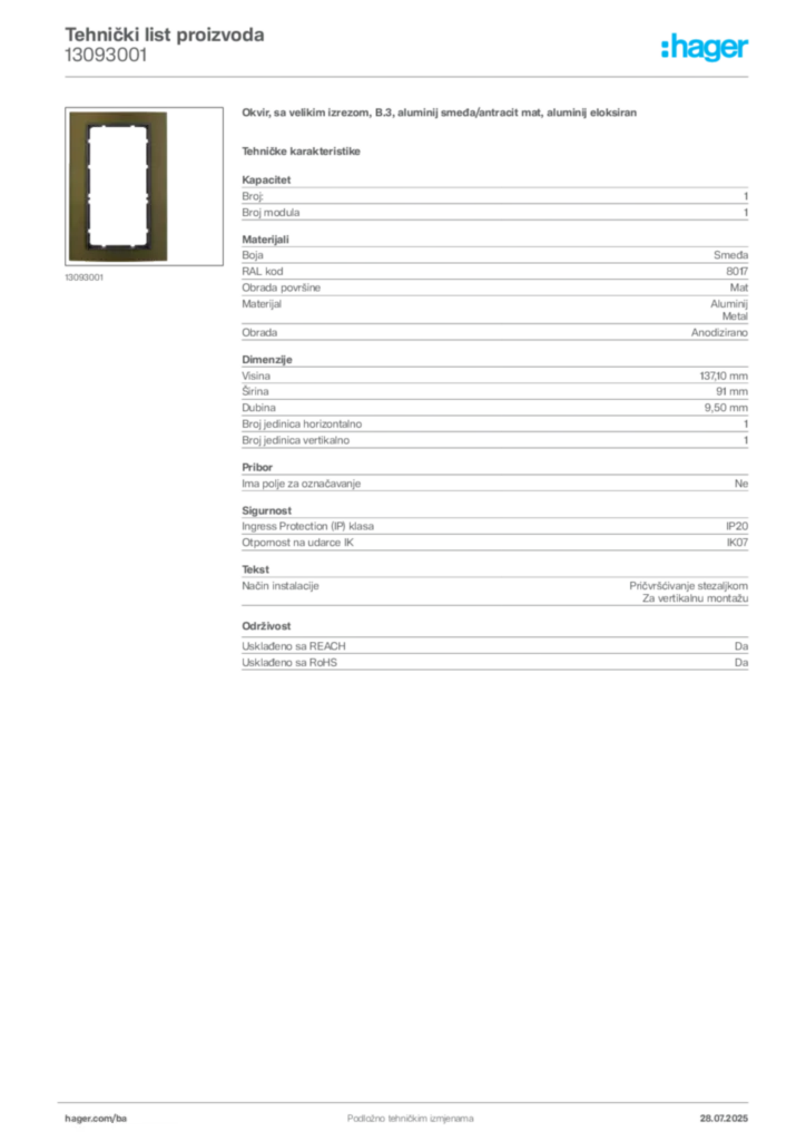 Slika Hager Product data sheet 13093001  | Hager