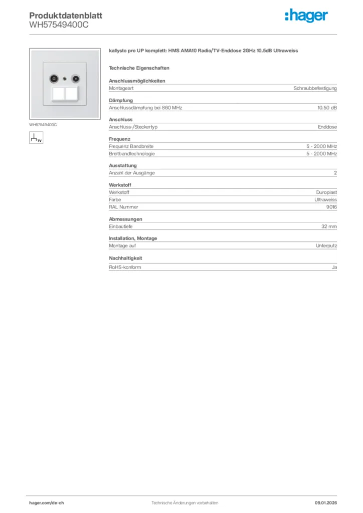 Bild Hager Produktdatenblatt WH57549400C | Hager Schweiz