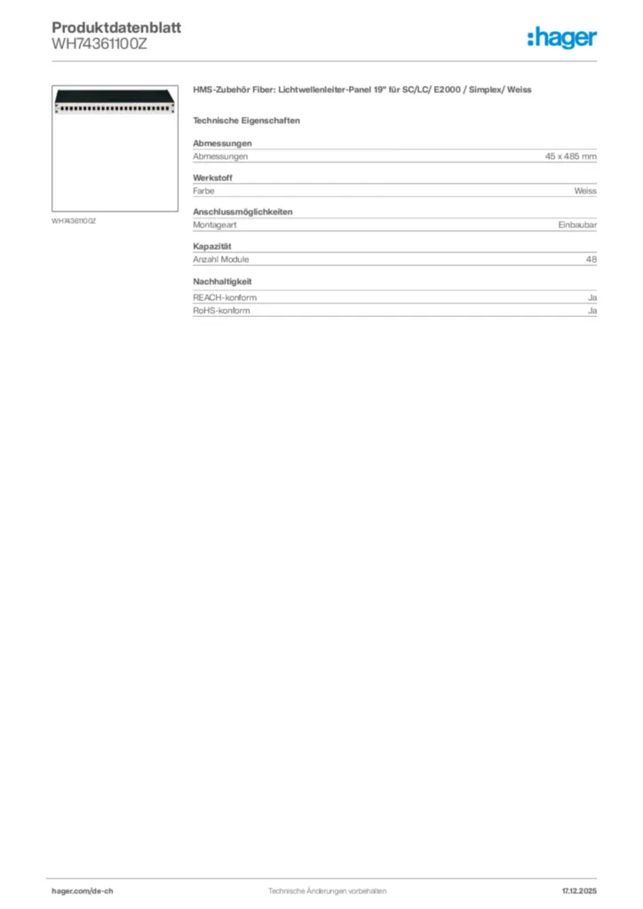 Bild Hager Produktdatenblatt WH74361100Z | Hager Schweiz