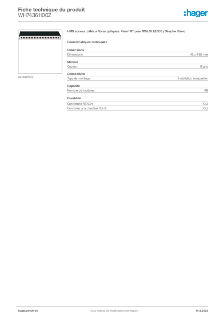 Image Hager Fiche technique du produit WH74361100Z | Hager Suisse