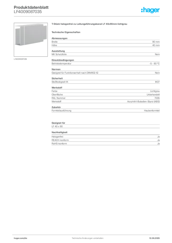 Bild Hager Produktdatenblatt LF4009087035 | Hager Deutschland