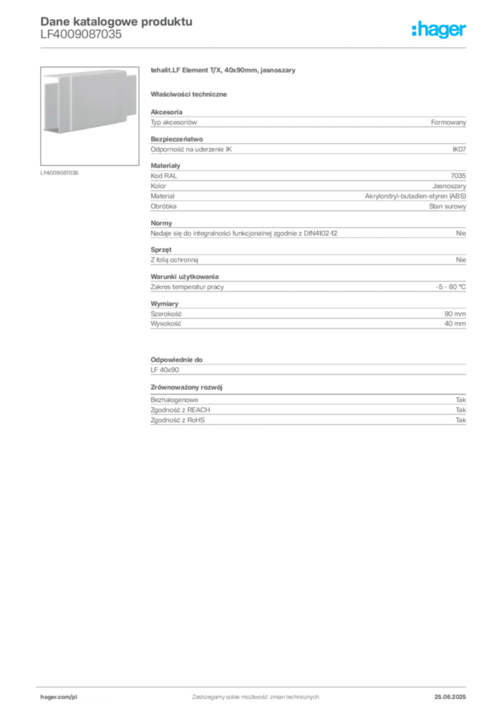 Zdjęcie Hager Karta katalogowa LF4009087035 | Hager Polska