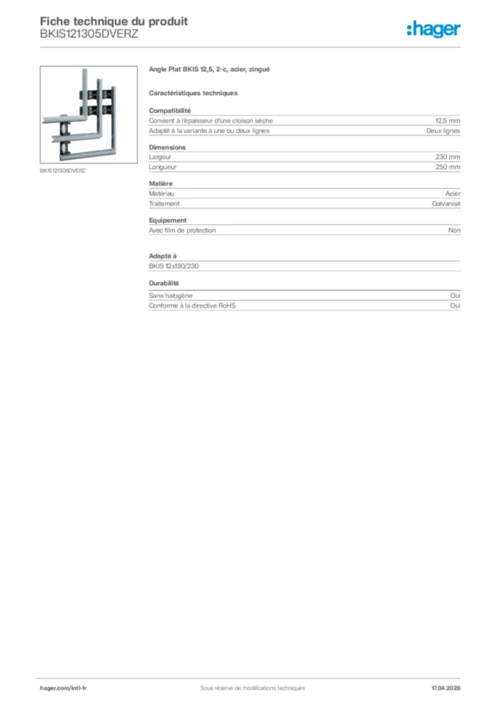 Image Hager Fiche technique du produit BKIS121305DVERZ | Hager Afrique