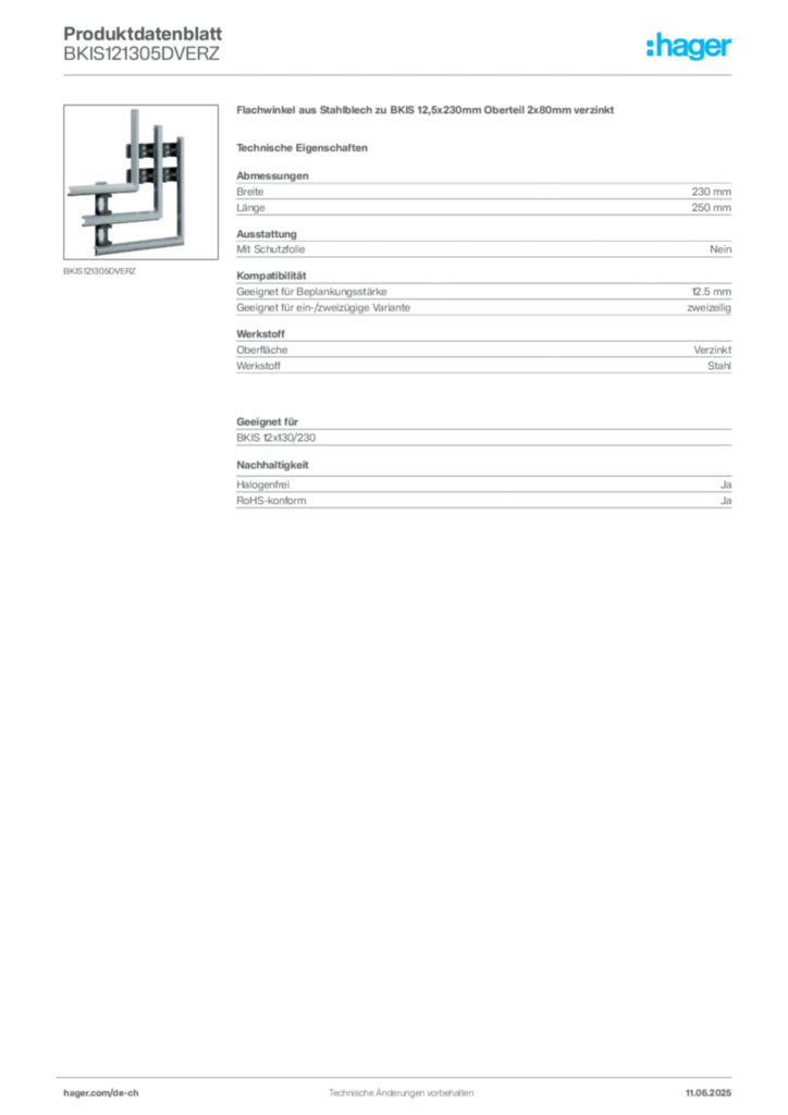 Bild Hager Produktdatenblatt BKIS121305DVERZ | Hager Schweiz
