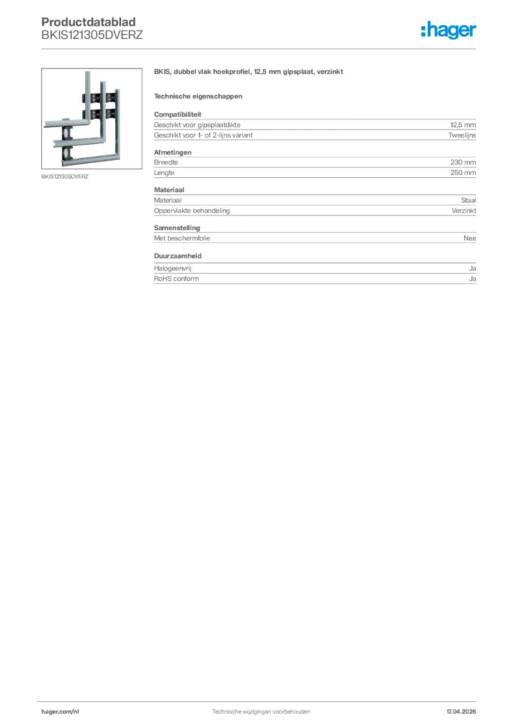 Afbeelding Hager Productdatablad BKIS121305DVERZ | Hager Nederland
