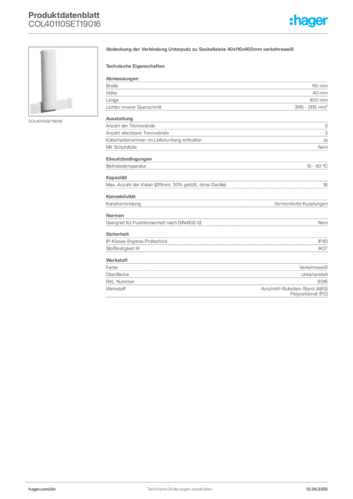 Hager Produktdatenblatt COL40110SET19016