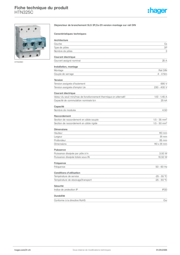 Image Hager Fiche technique du produit HTN325C | Hager Suisse