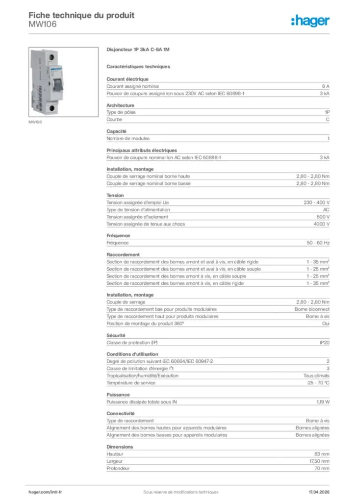 Image Hager Fiche technique du produit MW106 | Hager Afrique